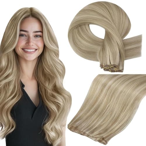 Full Shine Genius Human Hair Weft Hair Extensions 18 Inch Golden Blonde Highlighted Weaving Hair Extensions 50 Grams Silky Straight Remy Human Hair Genius Weft Sew in Extensions Wedding