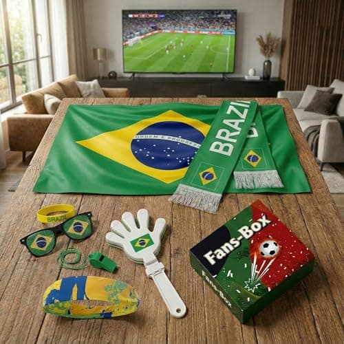 Soccer Fan Gear Set 2026-7 Piece Game Day Kit with Flag, Scarf, Glasses, Whistle, Clapper, Wristband & Headband in Gift Box - Watch Party & Stadium Essentials for Brazil — view 2