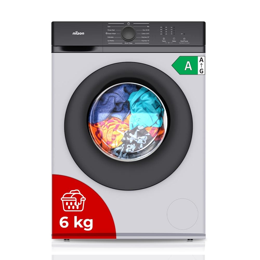 Nilson Lavadora 6Kg Carga Frontal Blanco NL6200AI. 1600W, 1200rpm, Motor Inverter, 11 Programas, Función Stop&Go, Tambor Diamante, Clase de Eficiencia Energética A