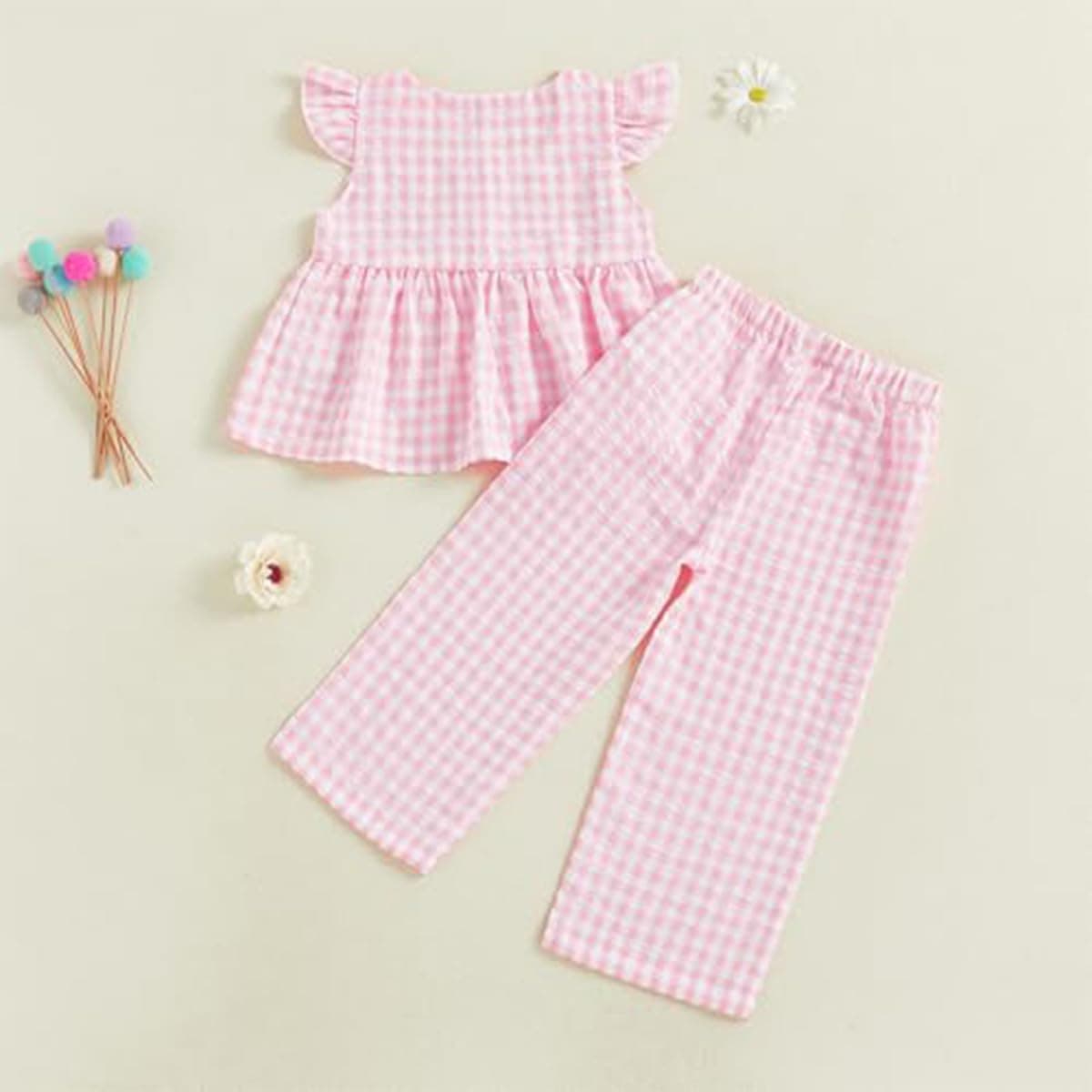 Conjunto Verano para Niñas Pequeñas Color Liso/Cuadros Sin Mangas Con Volantes Camisetas y Pantalones Anchos de Lino Ropa Infantil de Primavera — view 3