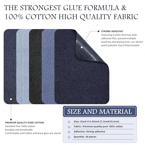 KING MOUNTAIN Iron-on Repair Patch 20 Pcs Pack, 100% Cotton Denim Iron-on Repair Patch, 5 Shades of Blue, Jeans and Clothing Repair and Decoration Kit, Size 3"x4-1/4"(7.5 cm x 10.5 cm)