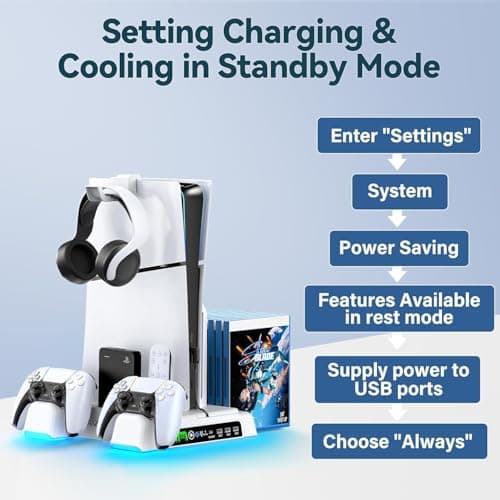 PS5 / PS5 Slim / PS5 Pro Stand and Cooling Station with LED Controller Charging Station for PlayStation 5 Console, PS5 Controller Charger, PS5 / PS5 Slim / PS5 Pro Accessories with 3 Level Cooling Fan — view 5