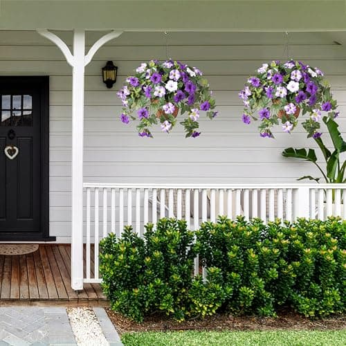 Ammyoo Artificial Fake Flowers Plants for Outdoor Decoration, 2PCS Faux Petunias Silk Flower UV Resistant No Fade for Home Outside Garden Balcony Yard Porch Realistic Indoor Decor (Purple White) — view 5