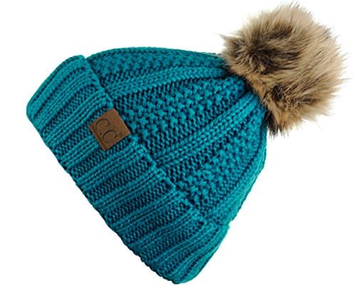 C.C Thick Cable Knit Faux Fuzzy Fur Pom Fleece Lined Skull Cap Cuff Beanie, Teal