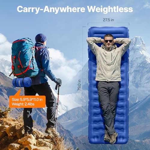OGERY Sleeping Pad, Ultralight Inflating Sleeping Pad for Camping with Pillow Built-in Foot Pump, 6" Extra-Thick Reinforced Camping Pad for Hiking, Backpacking, Tent, Single,Blue — view 3