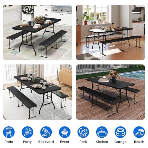 6 FT Black Picnic Folding Table Set with 2 Benches, Portable Patio Dining Sets for Backyard, Lawn, Event, Party, Camping — view 7