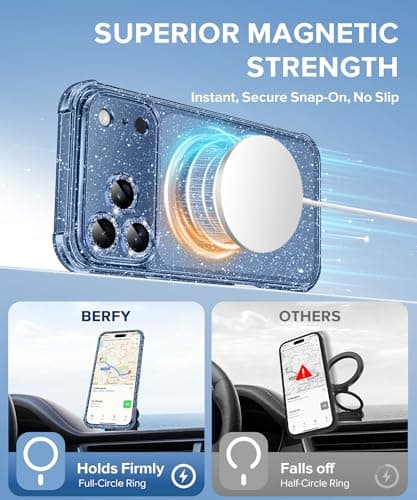 BERFY for iPhone 17 Pro Max Case for Women, Compatible with MagSafe, Clear Glitter Shockproof Protective Case, Anti-Yellowing, with Screen Protector Covers 6.9", Sparkle Blue — view 2