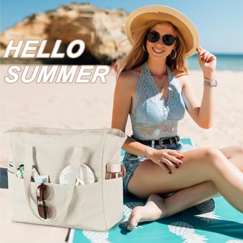 Waterproof Beach Tote Pool Bags for Women Ladies Extra Large Gym Tote Carry On Bag With Wet Compartment for Weekender Travel, S Khaki Stripes, X-Large, E2032 — view 2