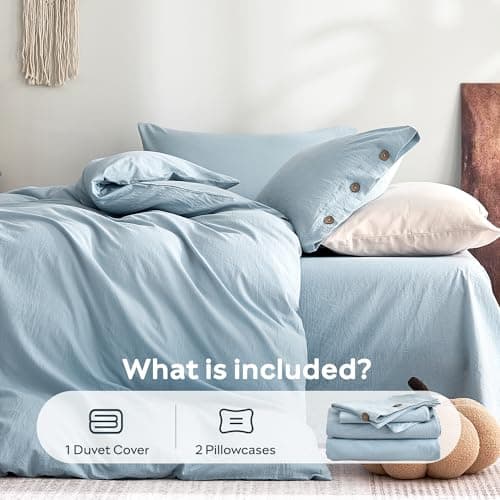JELLYMONI 100% Washed Cotton Duvet Cover Queen – Soft, Breathable Linen-Look Bedding with Natural Wrinkle Texture, Button Closure, 3-Piece Set (Mist Blue, 90"x90") — view 6