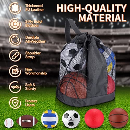 Leyndo 18 Pcs Sport Balls Bulk Set Basketball Football Volleyball Soccer Playground Baseball with Sport Equipment Bag Pump for Adults Gifts Outdoor Indoor(Brown) — view 2