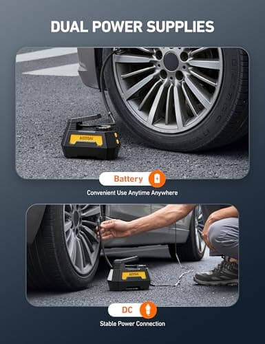 AstroAI H2 Pro Cordless Tire Inflator Portable Air Compressor Fully Upgraded Tire Inflator with DC 12V & Battery Dual Power Supplies Fast Inflation Air Pump for Car Tires Motorcycles Yellow — view 3