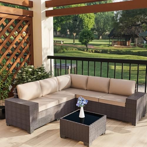 RTDTD 6 PCS Outdoor Patio Furniture Set,Outdoor Sectional Furniture All Weather PE Rattan Wicker Patio Conversation Set with Coffee Table and 5 Thickened Cushions,Brown