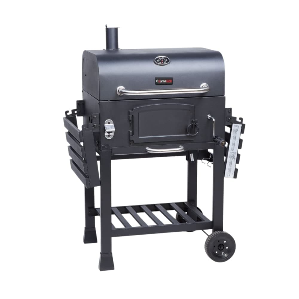 CosmoGrill Outdoor XL Smoker Barbecue Charcoal Portable BBQ Grill, 2 Folding Side Table, Built-in Thermometer, Adjustable Charcoal Pan & Chimney, Wheels, Large Coal BBQ Smoker for Home Garden Cooking — view 3