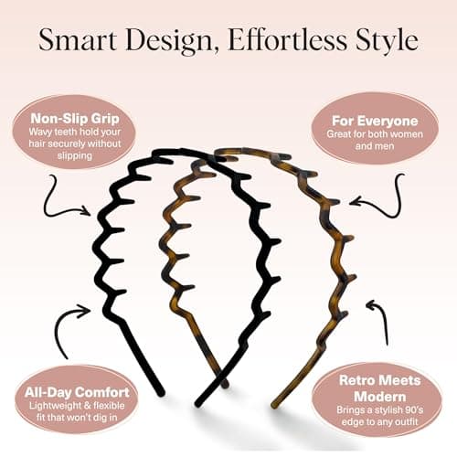 Kitsch Zig Zag Headbands for Women – Fashion Accessories for Slicked Back Styles - Comfortable Wavy Headbands | Comb Headband with Teeth | Ideal Gifts for Women - Black and Tortoise - 2 pcs — view 2