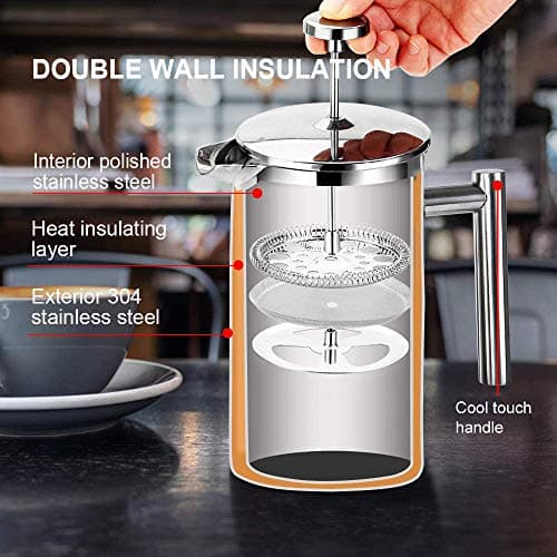 Secura French Press Coffee Maker, 304 Grade Stainless Steel Insulated Coffee Press with 2 Extra Screens, 17oz (0.5 Litre), Silver — view 2