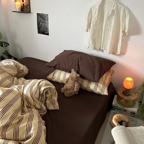 mixinni Retro Striped Duvet Cover Set Queen - 100% Natural Cotton 3-Piece Vintage Red Stripes Pattern Printed Bedding Set, Soft Breathable Comforter Cover with Zipper Closure & Corner Ties, Queen Size — view 2