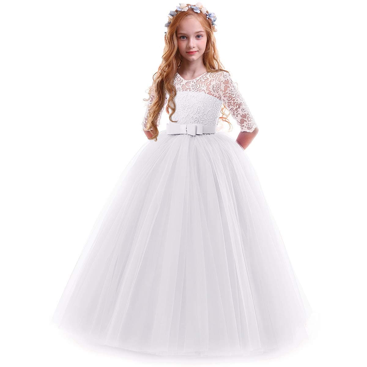 IWEMEK Flower Girls 3/4 Sleeve Floral Lace Tulle First Communion Pageant Dresses Kids Big Girls Princess Birthday Carnival Christmas Bridesmaid Wedding Party Prom Ball Gown 2-14 Years