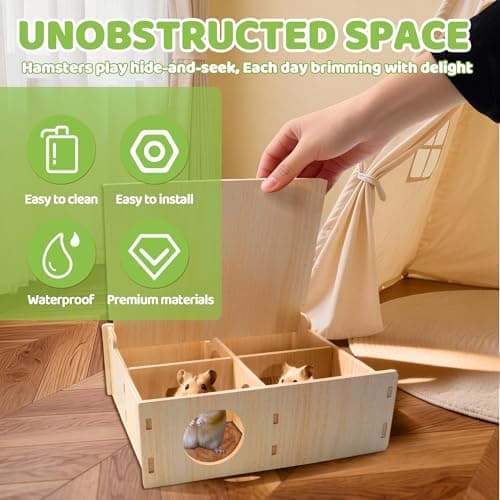 Multi-Chamber Hamster Houses and Hideouts Wooden Hamster Tunnels Toys with Flip Cover Secret Peep Shed Hamster Maze Habitat for Mice Gerbils Lemmings & Small Animals (Yellow) — view 2
