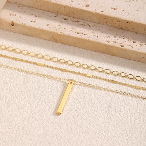Remmocy Gold Necklace for Women Stackable 14K Gold Plated Layered Long Necklace Paperclip Flat Chain Bar Drop Cute Charm Accessories Non Tarnish Jewelry Set Gifts for Women — view 4