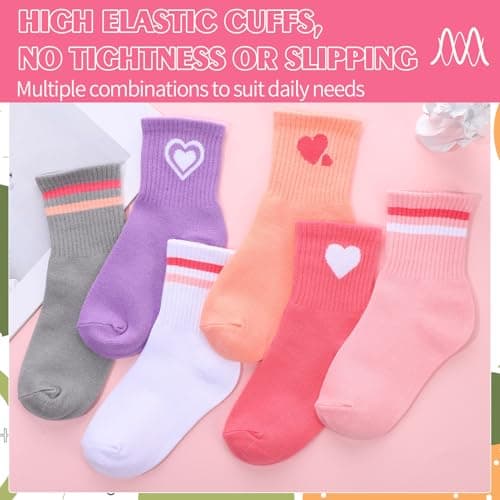 6 Pairs Kids Crew Socks with Stripes Hearts, Junior Cotton School Sports Socks, Casual Stretchy Sock for Girls and Boys 6-9 Years, 02-hearts stripes-b — view 4