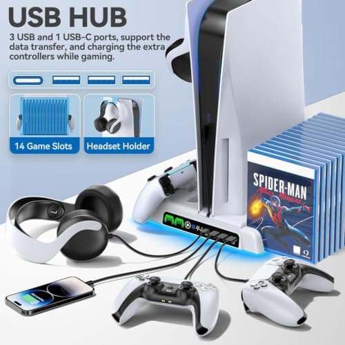 PS5 / PS5 Slim / PS5 Pro Stand and Cooling Station with LED Controller Charging Station for PlayStation 5 Console, PS5 Controller Charger, PS5 / PS5 Slim / PS5 Pro Accessories with 3 Level Cooling Fan — view 4