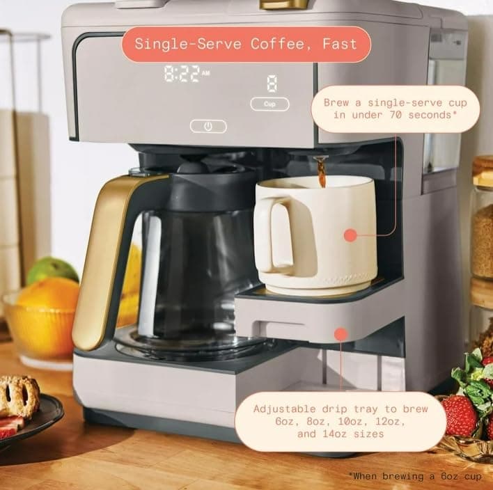 Beauti Multi Brew 12 Cup Programmable Drip & Single Serve Coffee Maker, Versatile Brewing (6oz, 8oz, 10oz, 12oz, 14oz), Pods or Ground, Over Ice option, Keep Warm mode (Porcini) — view 3