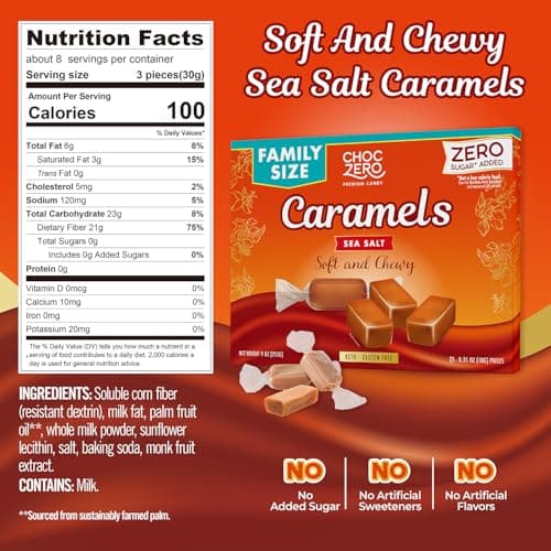 ChocZero Sea Salt Caramels, Sugar Free Caramel Candy, Soft & Chewy, No Sugar Alcohols, Keto, Low Carb, High Fiber, 9 oz Box