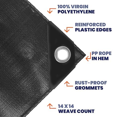 Tarpco Safety Extra Heavy Duty 14 Mil Tarp Cover, Waterproof, UV Resistant, Rip and Tear Proof, Poly Tarpaulin with Reinforced Edges for Roof, Camping, Patio, Pool, Boat (Black 20′ X 35′) — view 2