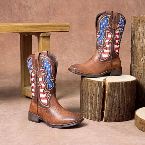 Jousen Cowboy Boots for Men Western Boot Side Zipper American Flag Retro Square Toe Mid-Calf Mens Boots(AMY8428 brown 09.5) — view 5