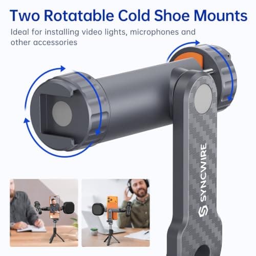 SYNCWIRE Tripod Phone Mount, Universal Smartphone Mount Adapter with 2 Cold Shoe and 1/4" Screw, 360° Rotates and 180° Tilts Adjustable Cell Phone Clamp Holder for Enhancing Mobile Photography Setup