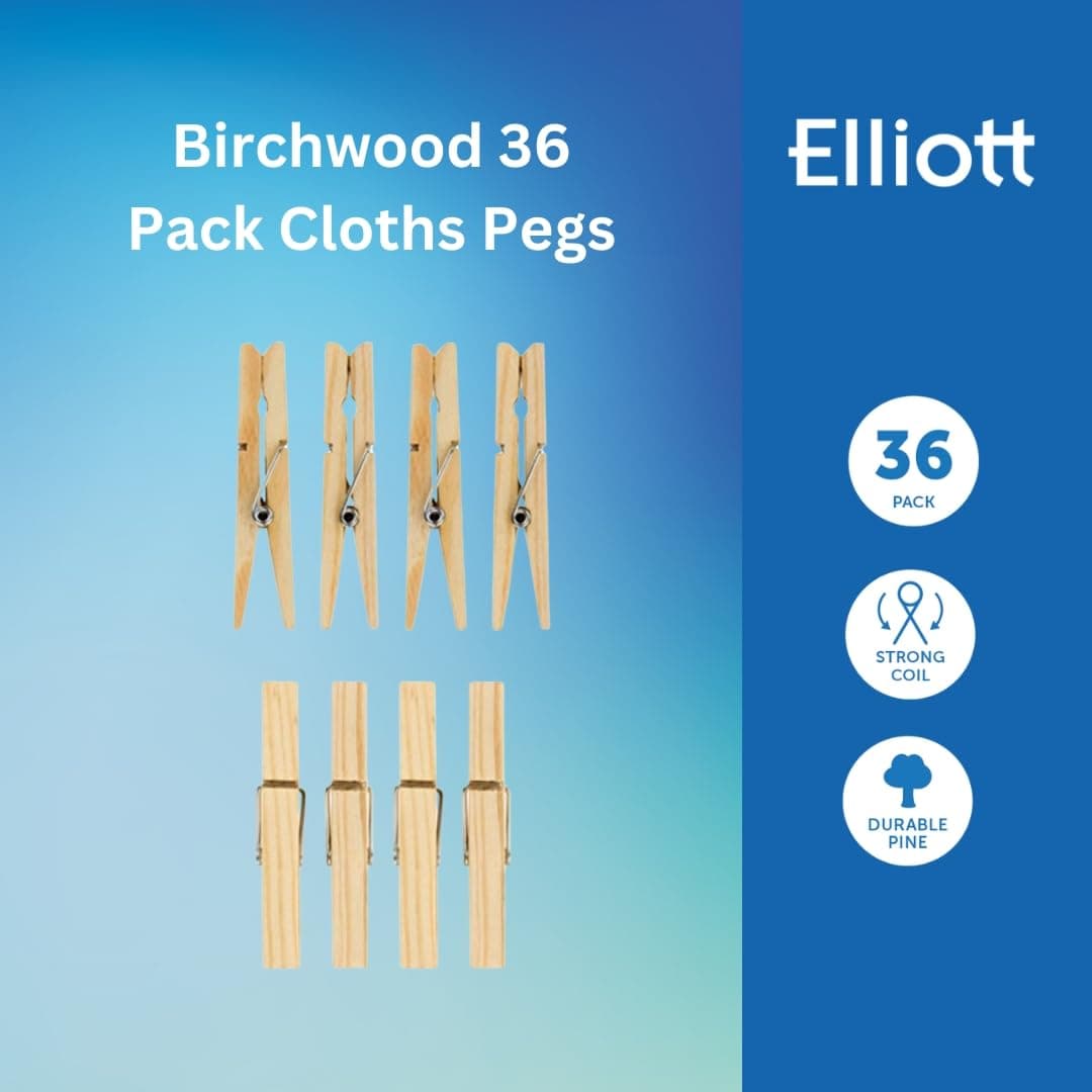 Elliott Hardwood Clothes Pegs with Metal Coil Spring for Firm Grip, Contoured to Prevent Leaving Marks on Clothing, This Pack Include 36 Pegs Ideal for Outdoor and Indoor Use — view 3