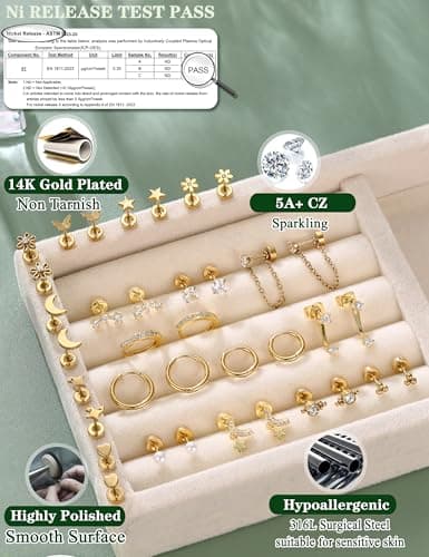 Hypoallergenic Flat Back Earrings 14K Gold Plated Cartilage Earring Stacks for Sensitive Ears Surgical Steel Small Huggie Hoops Flatback Stud Earrings Set for Multiple Piercing Jewelry 14k Gold Plated — view 3