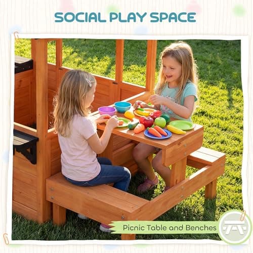 Qaba Outdoor Playhouse for Kids, Wooden Garden Games Cottage with Table, Benches, Sink Table, Snack Bar Window and Flowerpot Holders, for Ages 3-8, Light Brown — view 3