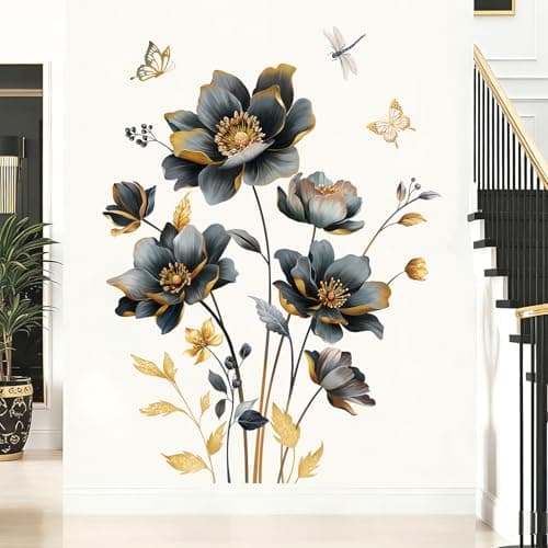 wondever Black Gold Flowers Wall Stickers 3D Floral Butterfly Peel and Stick Wall Art Decals for Living Room Bedroom Sofa TV Background — view 2