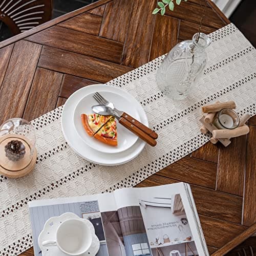 Alynsehom Macrame Table Runner Cream Beige Boho Table Runners with Tassels Hand Woven Cotton Table Runner Rustic Farmhouse Table Runners for Bohemian Kitchen Dining Table(12x108in)