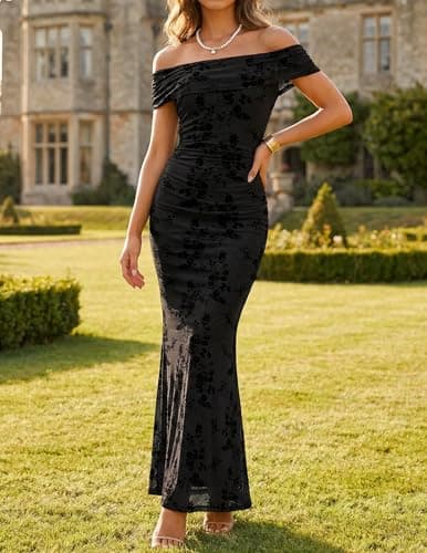 ZESICA Women's Summer Off Shoulder Floral Bodycon Maxi Dress 2026 Ruched Elegant Formal Cocktail Wedding Guest Long Dresses, Black, S