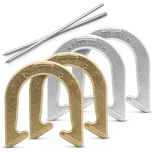 GoSports Steel Horseshoes Outdoor Game Set - Official Size and Weight - Gold & Silver