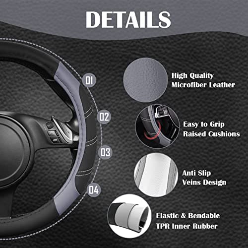 CAR PASS Line Rider Microfiber Leather Sporty Steering Wheel Cover Universal Fits for 95% Truck,SUV,Cars,14.5-15inch Anti-Slip Safety Comfortable Desgin (Black-Gray) — view 2