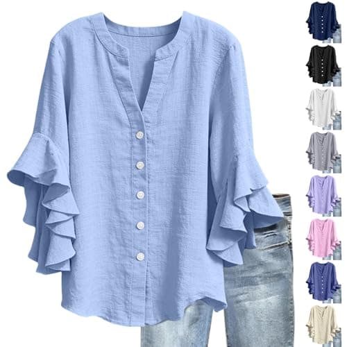 3/4 Ruffle Sleeve Cotton Linen Shirts for Women Dressy V Neck Beach Tunic Tops Elegant Summer Casual Work Blouses Light Blue