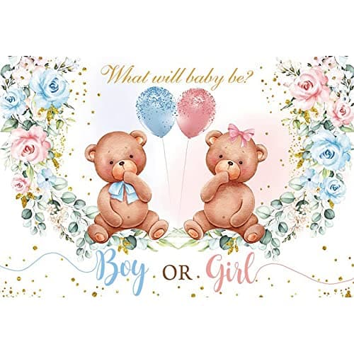Bear Gender Reveal Baby Shower Party Backdrop Boy or Girl Pink Blue Floral Eucalyptus Photography Background Party Decor Blue and Pink Balloons Gold Photobooth Cake Smash 7x5ft — view 2