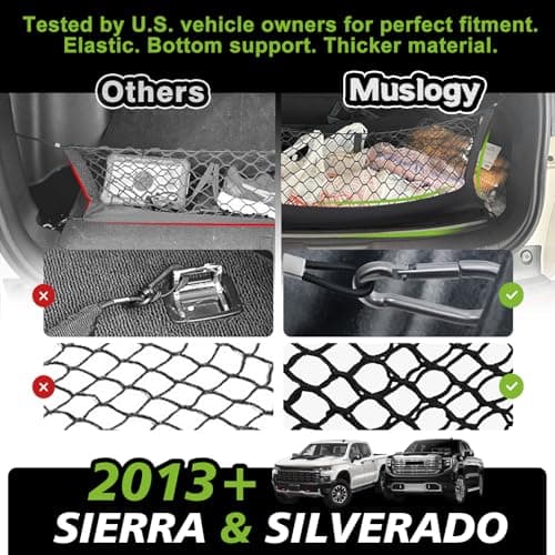Muslogy Truck Bed Cargo Net Compatible with Chevy Silverado & GMC Sierra 2019-2025 Accessories Storage Organizer Pickup Truck Bed Envelope Style Cargo Net with Heavy Duty Carabiners — view 3