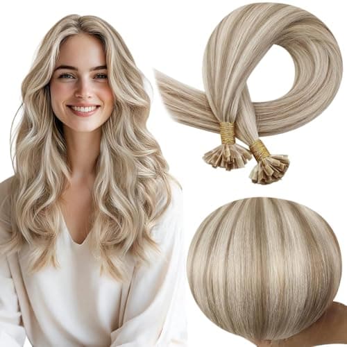 Full Shine K Tip Human Hair Extensions, 18/613 Platinum Blonde with Ash Blonde Highlights, 18 Inch, 50G, Keratin Fusion Prebonded Tip, Frosted Face Frame, Polished Curls, Formal Night, Bachelorette
