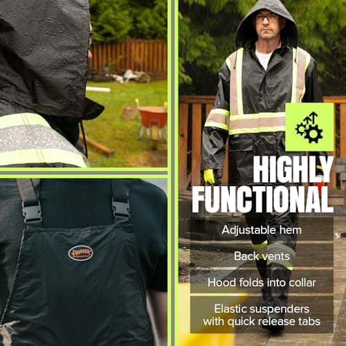 Pioneer Hi Vis Waterproof Lightweight Rainsuit - Work Safety Hooded Jacket and Bib Pants - Adjustable Pant Length - Black — view 4
