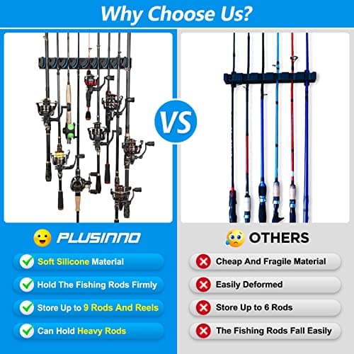 PLUSINNO Vertical Fishing Rod Holder, Wall Mounted Fishing Rod Rack, Fishing Pole Holder Holds Up to 9 Rods or Combos, Fishing Rod Holders for Garage, Fits Most Rods of Diameter 3-19mm — view 4