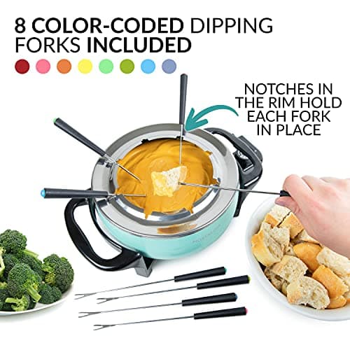 Nostalgia 12-Cup Electric Fondue Pot Set for Cheese & Chocolate - 8 Color-Coded Forks, Temperature Control - Stainless Steel Kitchen Gadgets and Appliances for Hors d'Oeuvres and More - Aqua — view 3