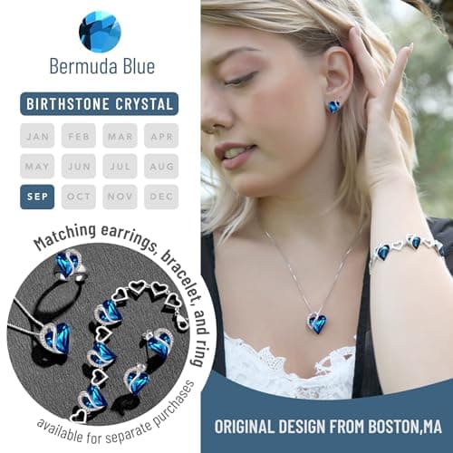 Leafael Gift Necklaces for Women, Infinity Love Birthstone Heart Pendant, Bermuda Sapphire Blue Crystal for September, Birthday Jewelry for Mom and Wife, Silver Plated, 18" + 2" Chain — view 3