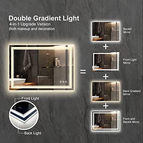 VanPokins Lighted Bathroom Mirror, 40x30 Inch Gradient Front and Backlit LED Bathroom Mirror, 3 Colors Dimmable CRI>90 Double Lights, Enhanced Anti-Fog, Hanging Plates Wall Mount LED Mirror — view 3