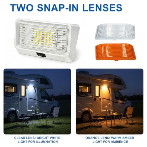 LED RV Exterior Porch Light with Switch, 12V Utility Lighting Fixture, 320 Lumen – Replacement Lamp for RVs, Trailers, Campers & 5th Wheels – White Base with Clear & Amber Lenses — view 3