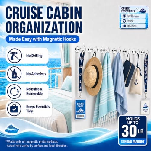 Neosmuk Magnetic Hooks for Cruise Cabins,30lb Heavy Duty,Silver,10 Pack — view 2