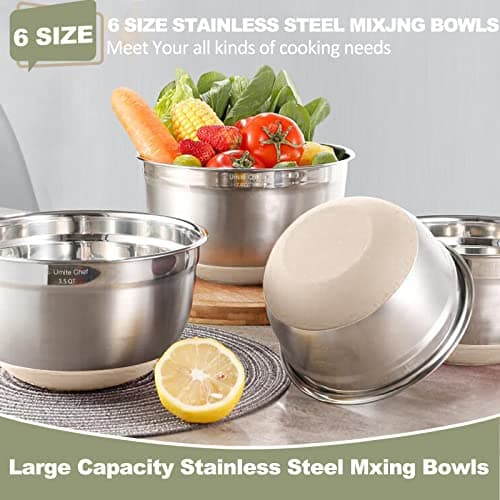 Umite Chef Mixing Bowls with Airtight Lids 6 Piece Stainless Steel Metal Nesting Storage Bowls, Non-Slip Bottoms Size 7, 3.5, 2.5, 2.0,1.5, 1QT, Great for Mixing & Serving (Khaki} — view 3